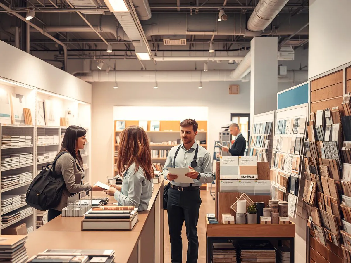 连锁便利店内部场景，顾客在收银台前，店员介绍活动