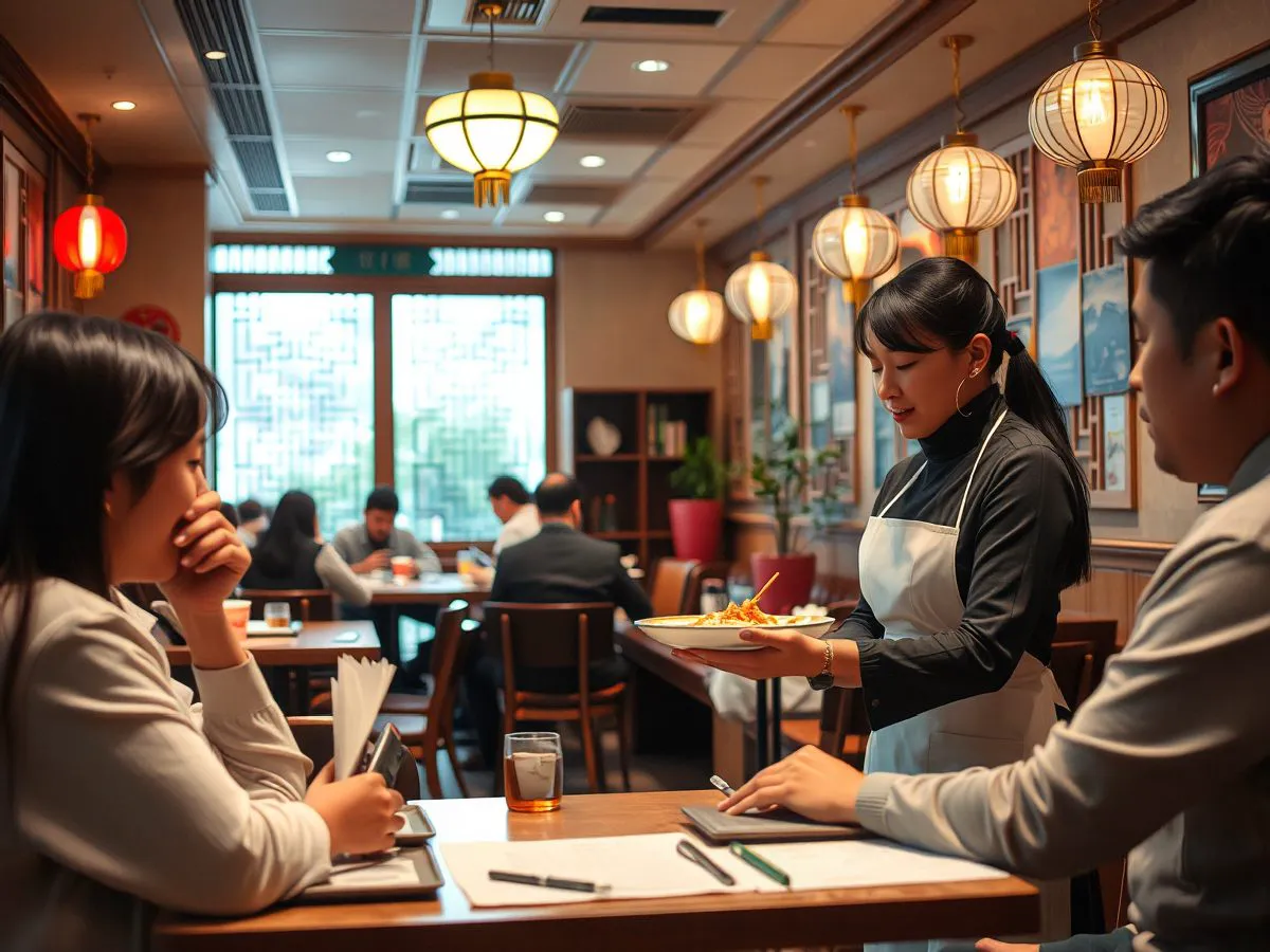 中餐门店用餐场景，服务员为顾客送上小菜