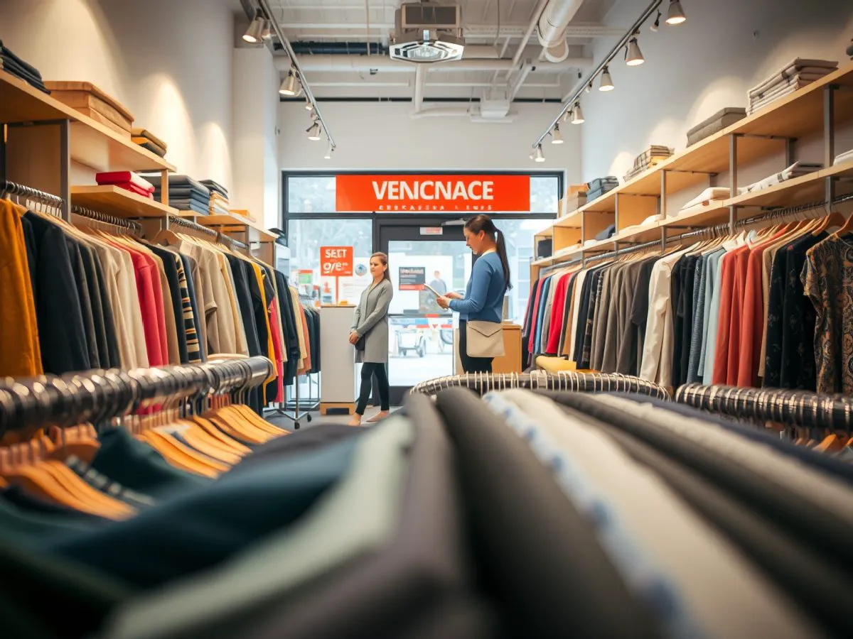 服装店换季促销活动场景，店员正在为顾客提供搭配建议