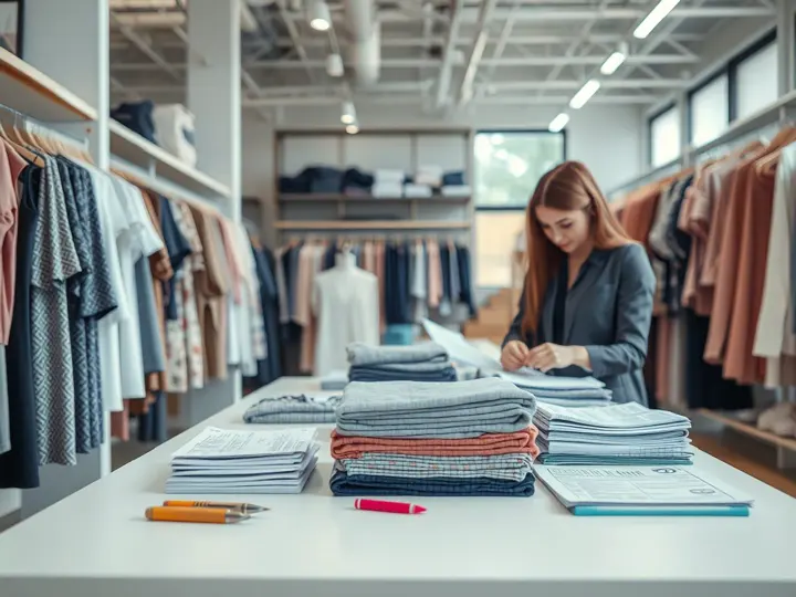 服装店内景，货架整齐陈列，店员正在整理衣物