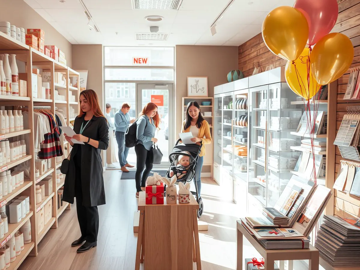 新母婴店开业当天店内场景，顾客选购商品，活动氛围热烈